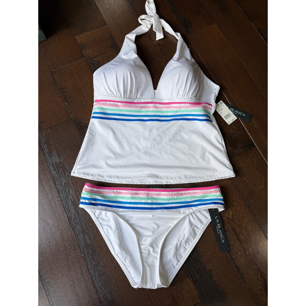 La Blanca Tankini Swim Set 14/16 White Striped NWT‎ 2 Piece beach resort cruise